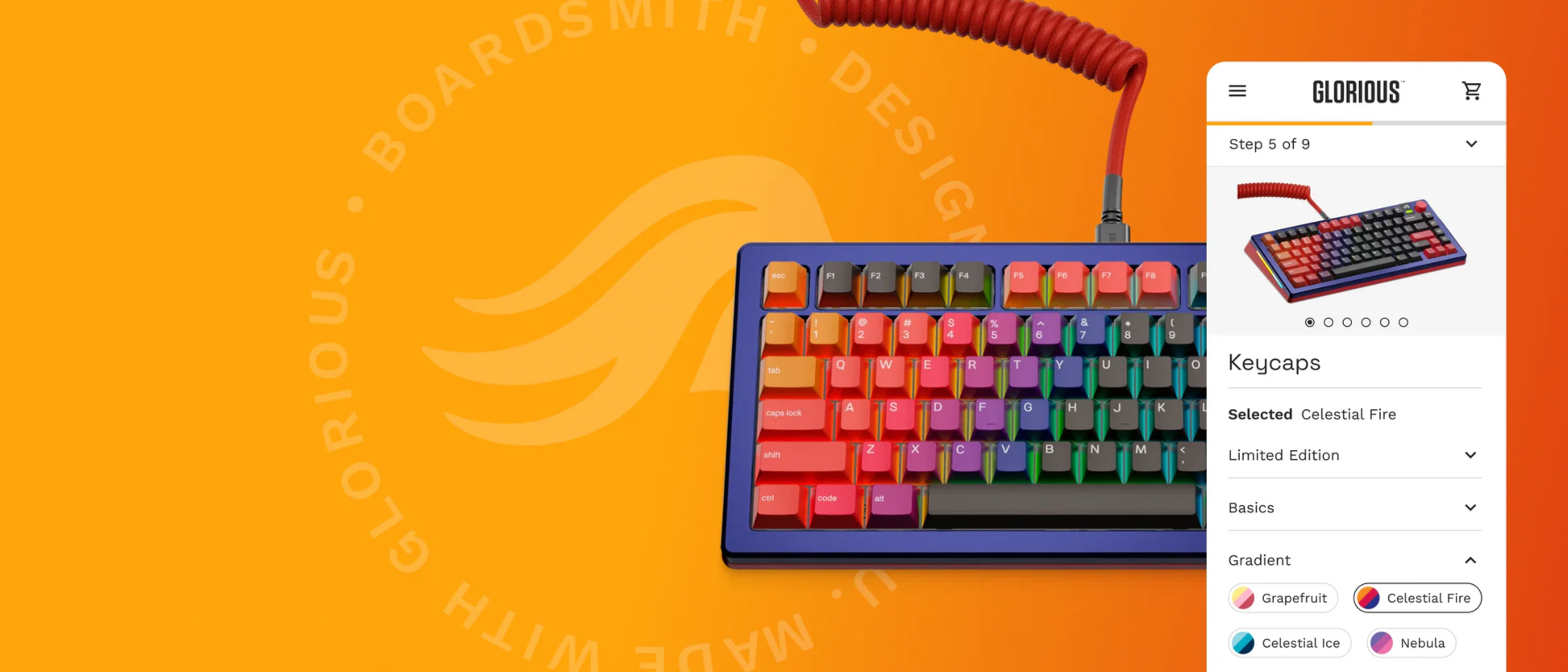 A keyboard with a blue case and colorful keycaps overlaid by the mobile version of the Glorious Boardsmith.